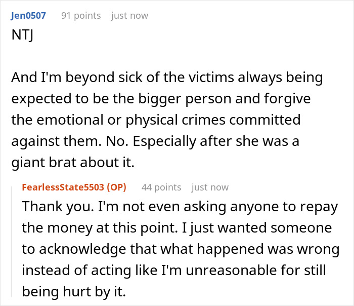 A Reddit comment expressing frustration over the woman being told to move on after her sister received her college fund instead of getting an apology. A Reddit comment expressing frustration over the woman being told to move on after her sister received her college fund instead of getting an apology.