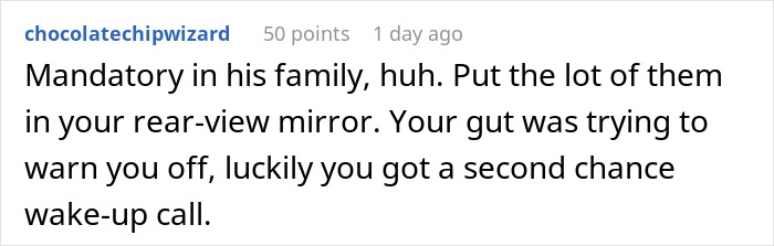 A screenshot of a Reddit comment about a man convincing his girlfriend to finally get married, but she realizes it's a huge mistake months before the wedding.