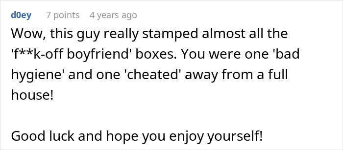 A cruel prank by a boyfriend blaming his girlfriend, with a user describing him as a 'f**k-off boyfriend'. A cruel prank by a boyfriend blaming his girlfriend, with a user describing him as a 'f**k-off boyfriend'.