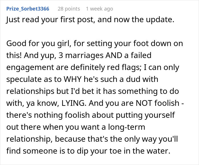 Screenshot of a comment from Prize_Sorbet3366, praising the original poster for reacting to the BF's trip details.