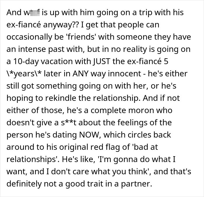 Screenshot of text discussing a boyfriend's 10-day trip with an ex-fianc&eacute;, raising red flags for his girlfriend.