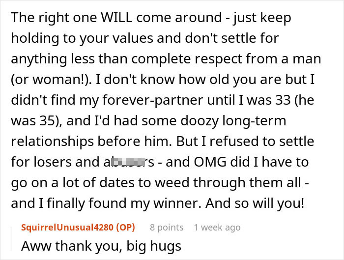 Screenshot of text encouraging the girlfriend not to settle and to find a forever-partner.