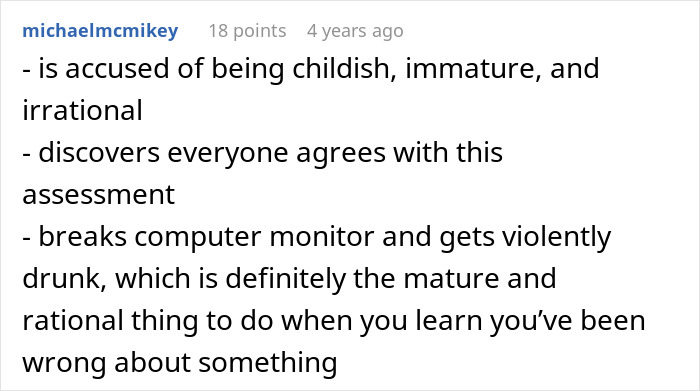A comment lists how the entitled man reacted childishly and lost control, proving he lost more than bargained for.
