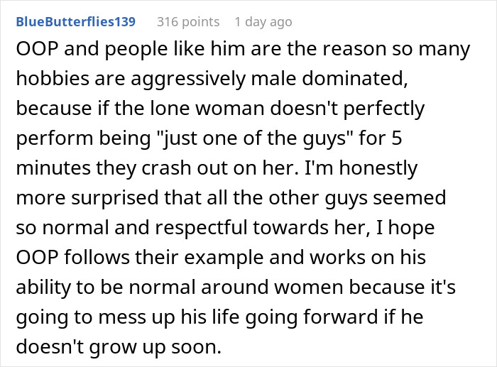 A Reddit comment discusses hobbies being male-dominated, mentioning an Airsoft leader and ignoring the dress code. A Reddit comment discusses hobbies being male-dominated, mentioning an Airsoft leader and ignoring the dress code.