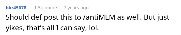 A Reddit comment about a MIL putting essential oils in Thanksgiving dishes, suggesting an anti-MLM post. A Reddit comment about a MIL putting essential oils in Thanksgiving dishes, suggesting an anti-MLM post.