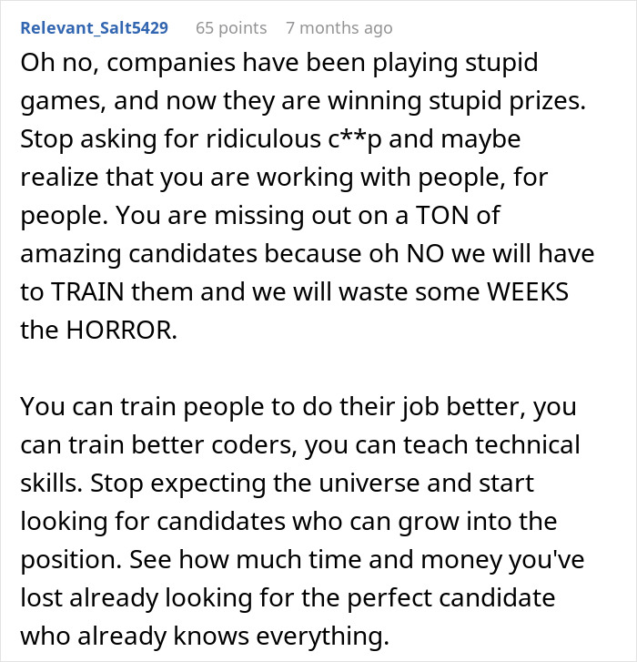A software engineer comments about hiring scam, criticizing companies for missing out on candidates.