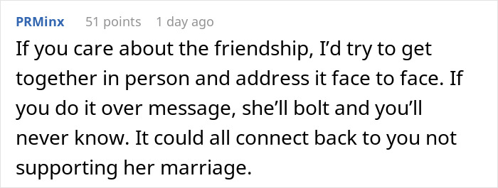 A comment offering advice about an influencer bestie ghosting a bride on her wedding day, suggesting face-to-face communication. A comment offering advice about an influencer bestie ghosting a bride on her wedding day, suggesting face-to-face communication.