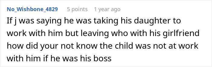 A screenshot of a comment questioning how a serial cheater hid his secret kid from his new GF. A screenshot of a comment questioning how a serial cheater hid his secret kid from his new GF.