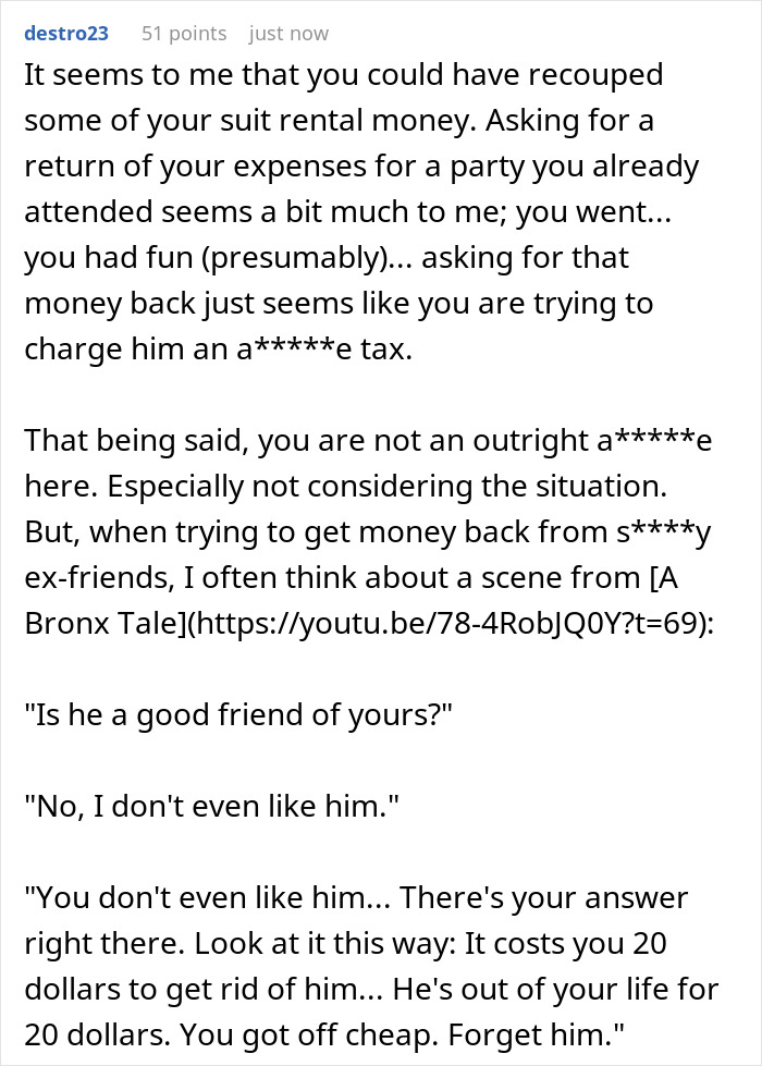 Screenshot of a Reddit comment about a groomsman wanting back money from a cancelled wedding. Screenshot of a Reddit comment about a groomsman wanting back money from a cancelled wedding.