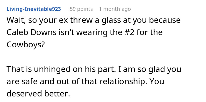 A woman discussing her ex throwing a glass over a football player's jersey number, showcasing the fiancé's upset. A woman discussing her ex throwing a glass over a football player's jersey number, showcasing the fiancé's upset.