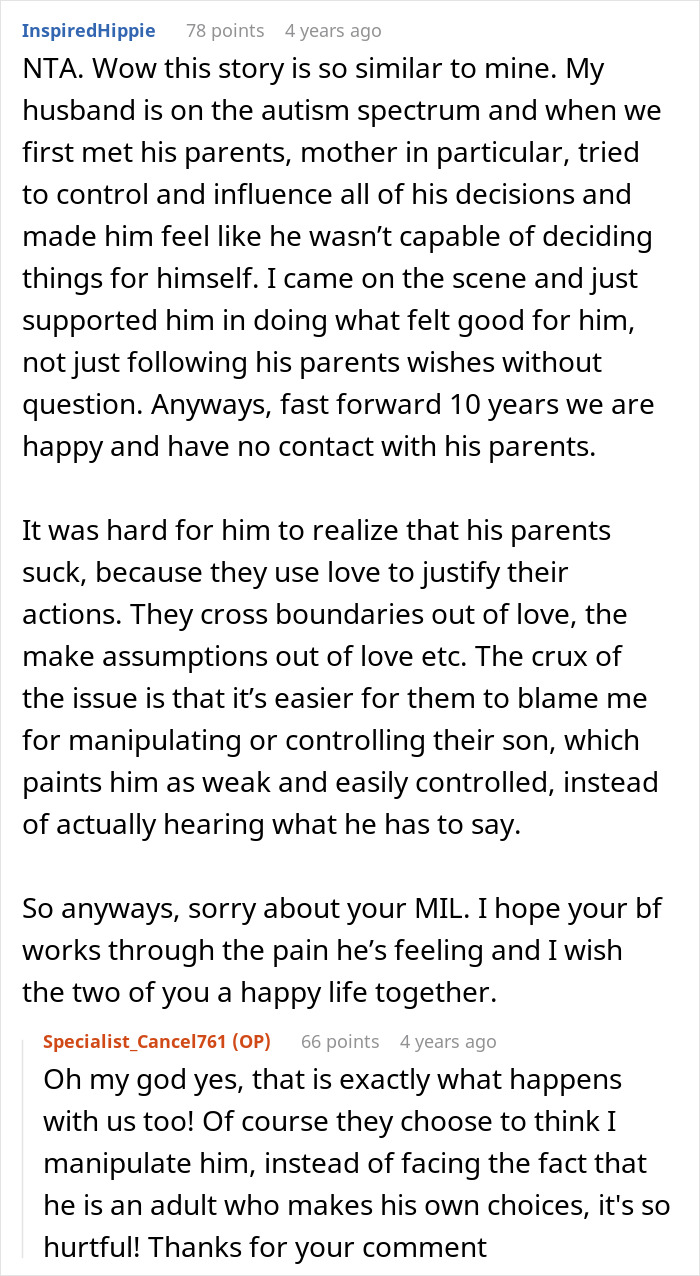 A long comment discussing an autistic guy's mom starting a smear campaign against his girlfriend. A long comment discussing an autistic guy's mom starting a smear campaign against his girlfriend.