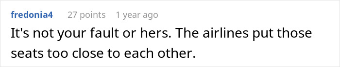 A comment blaming airlines for seats being too close, related to a woman physically stopping a stranger from reclining on an overnight flight.