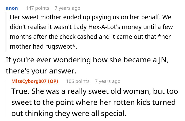 A screenshot of a Reddit comment revealing how the MIL's mother covered up her witching around.