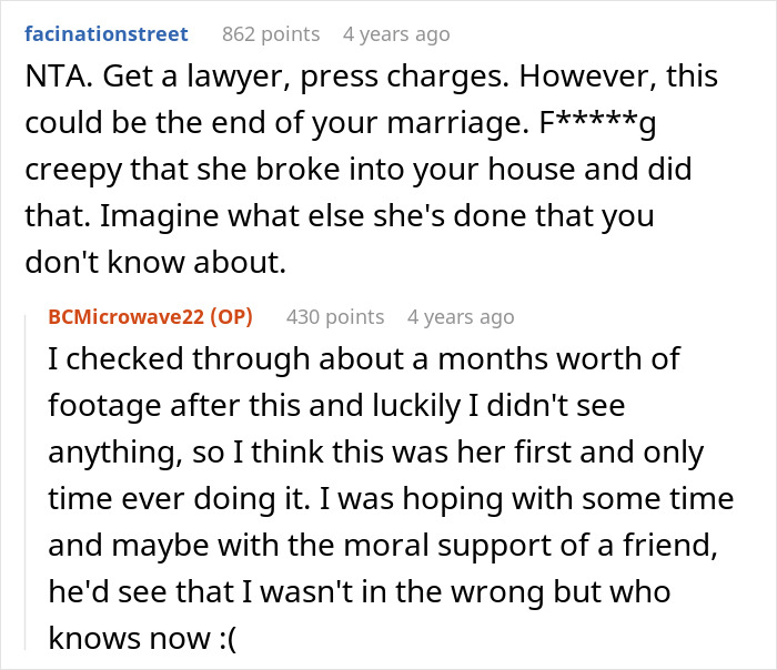 A screenshot showing comments advising legal action regarding the mother-in-law's plan to make her have kids.