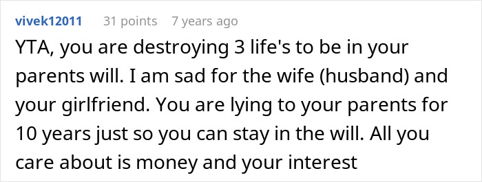 A husband transitioning: A Reddit comment criticizing the wife for destroying lives to stay in her parents' will, prioritizing money. A husband transitioning: A Reddit comment criticizing the wife for destroying lives to stay in her parents' will, prioritizing money.