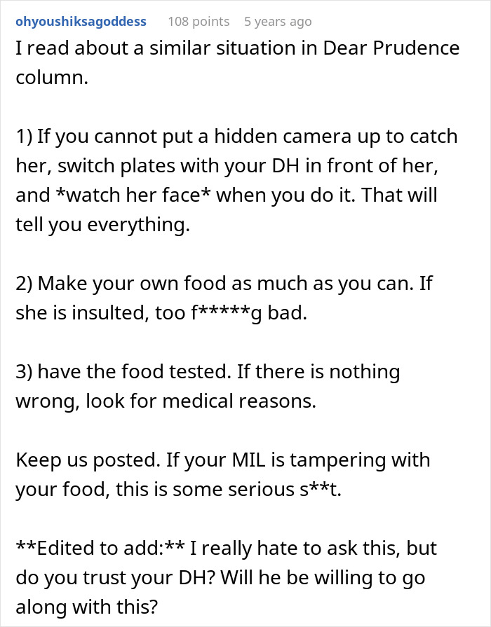 Advice from a user suggesting actions like using a hidden camera or testing food regarding the future mother-in-law. Advice from a user suggesting actions like using a hidden camera or testing food regarding the future mother-in-law.