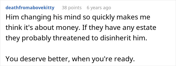 A comment about a future mother-in-law calling a woman defective and trying to stop her son from marrying her.