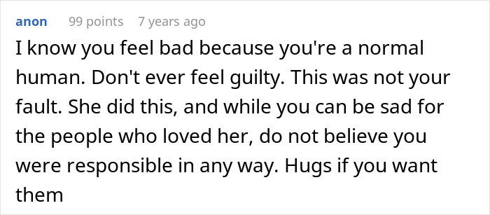 A comment reassuring the original poster not to feel guilty about the crazy MIL's passing from her potion.