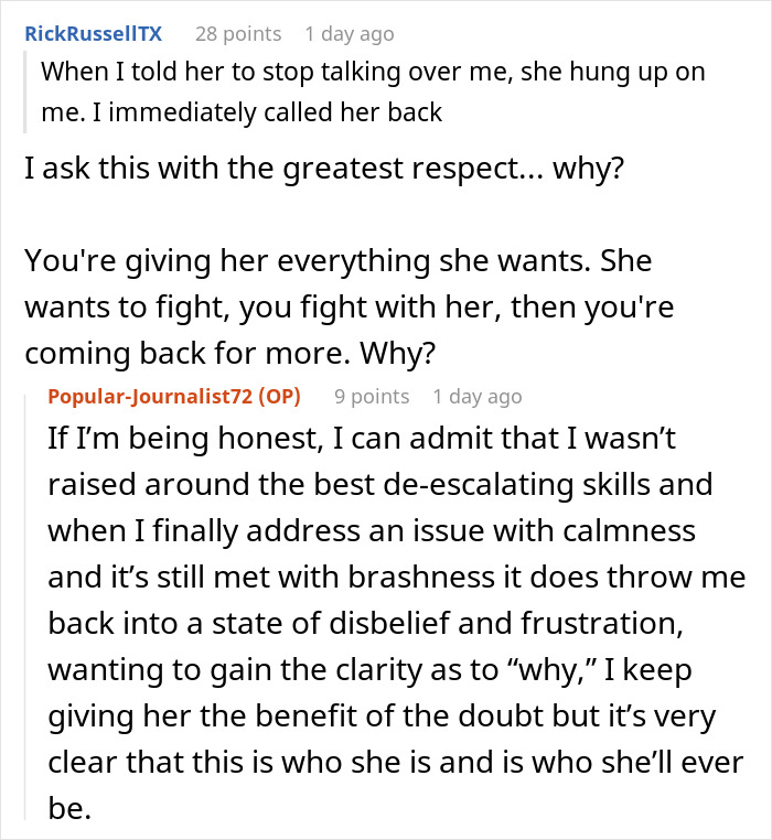 A screenshot of a Reddit comment regarding a delusional mom threatening to sue daughter over her dog. A screenshot of a Reddit comment regarding a delusional mom threatening to sue daughter over her dog.