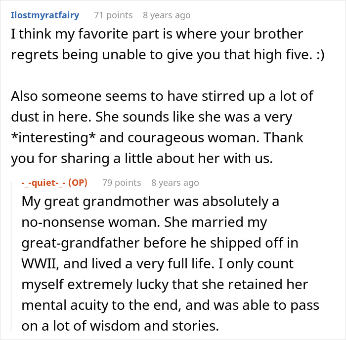 A Reddit comment praises the great-grandma for her courage and wisdom, leaving an entitled in-law fuming. A Reddit comment praises the great-grandma for her courage and wisdom, leaving an entitled in-law fuming.