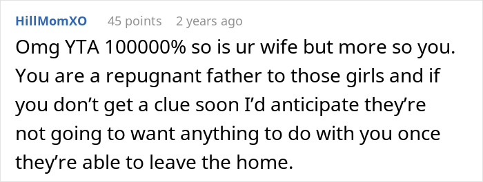 A Reddit comment calling a dad and his new wife YTA for the dad hiring a nanny because the wife can't handle kids. A Reddit comment calling a dad and his new wife YTA for the dad hiring a nanny because the wife can't handle kids.