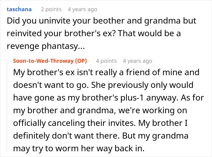 A screenshot with comments about the entitled man's brother, wedding invites, and a potential ex-girlfriend.