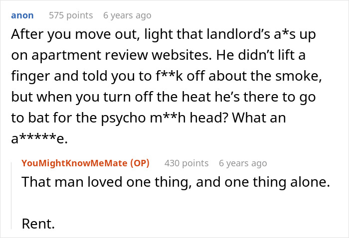 A screenshot showing a comment about dealing with a nightmare neighbor, mentioning a landlord and rent.