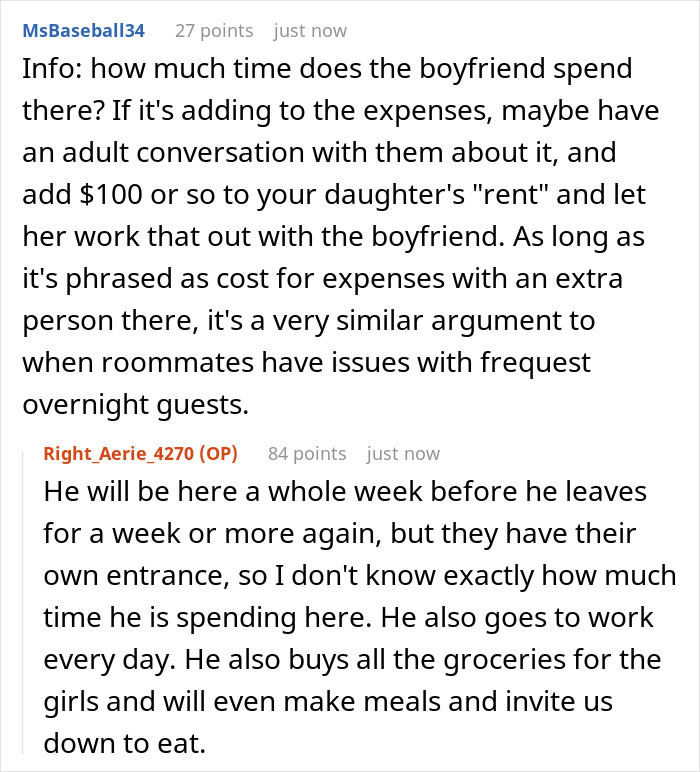 A Reddit comment discussing charging rent for a daughter's boyfriend and the boyfriend's contributions to the household. A Reddit comment discussing charging rent for a daughter's boyfriend and the boyfriend's contributions to the household.