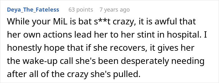 A screenshot showing a comment hoping the crazy MIL recovers and learns from her potion actions.