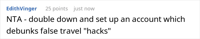 A comment suggesting to debunk false travel hacks after a travel influencer was called out for lying. A comment suggesting to debunk false travel hacks after a travel influencer was called out for lying.