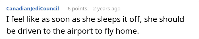A comment from CanadianJediCouncil suggesting sending the nanny home after a family vacation incident.