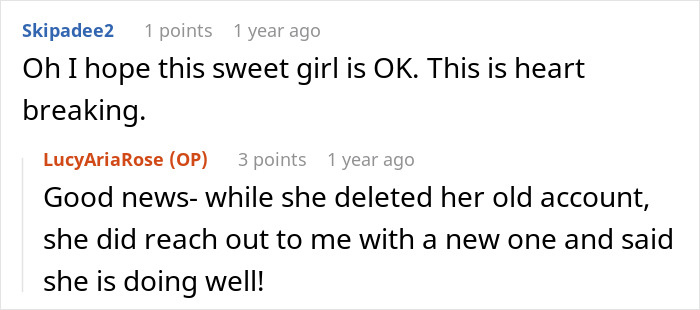 A screenshot of comments showing an update about the teen escaping controlling mom doing well. A screenshot of comments showing an update about the teen escaping controlling mom doing well.