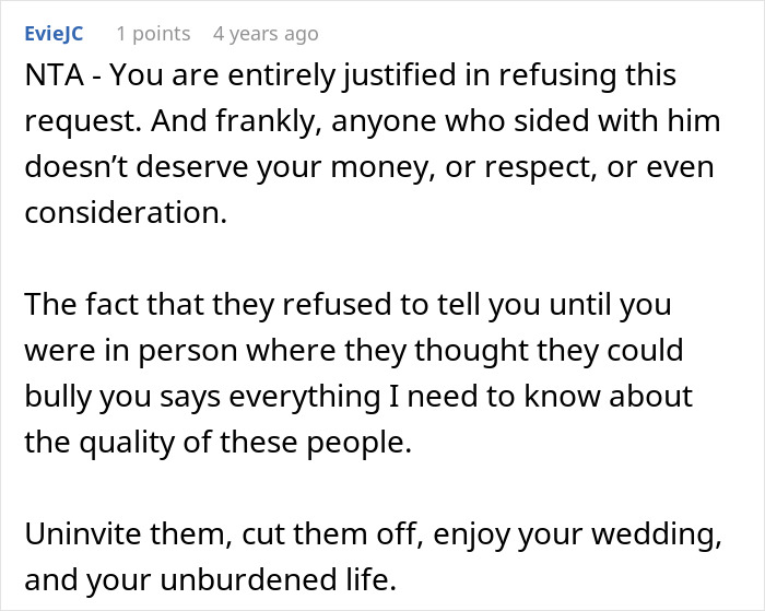 A Reddit comment advising to uninvite the entitled man who plans to propose at the brother's wedding.