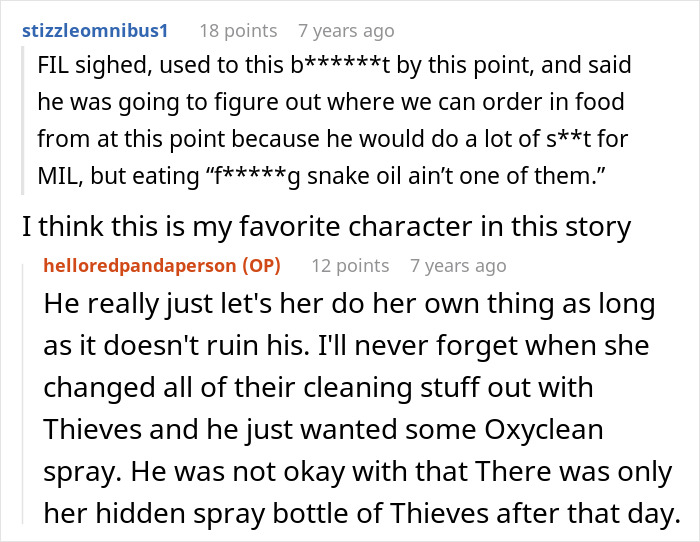 A Reddit comment section discussing a MIL who put essential oils in Thanksgiving holiday dishes, with a user describing the FIL's reaction. A Reddit comment section discussing a MIL who put essential oils in Thanksgiving holiday dishes, with a user describing the FIL's reaction.