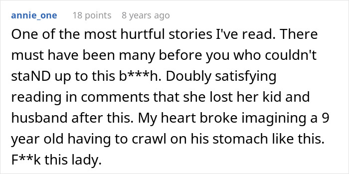 A comment calling the story hurtful, noting satisfying revenge for the boy with Asperger's and the teacher's loss. A comment calling the story hurtful, noting satisfying revenge for the boy with Asperger's and the teacher's loss.