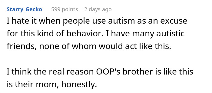 A comment about autism, stating that it should not be an excuse for poor behavior and suggesting the mom is the real issue. A comment about autism, stating that it should not be an excuse for poor behavior and suggesting the mom is the real issue.