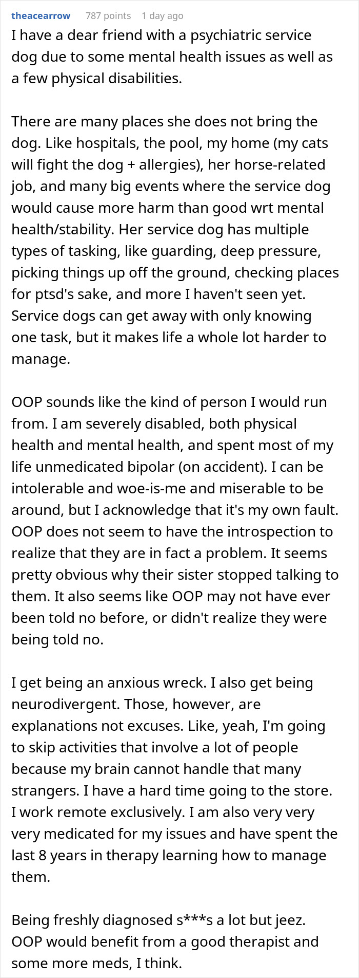 A long comment from theacearrow discusses the complexities of psychiatric service dogs and mental health issues related to the wedding.