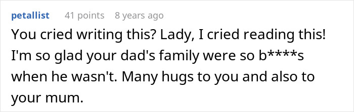 A comment expressing emotional response to the great-grandma trolling an entitled in-law from beyond the grave. A comment expressing emotional response to the great-grandma trolling an entitled in-law from beyond the grave.
