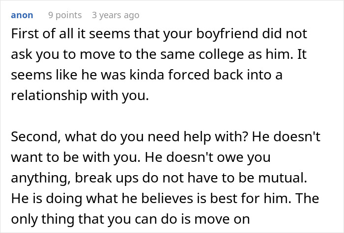 A comment offering advice to a woman complaining about her cheating ex, stating he was forced into the relationship.