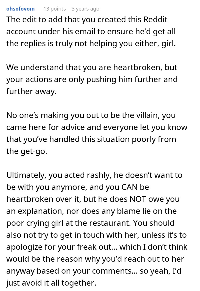 A screenshot showing user ohsofovom's comment on a woman's complaint about her cheating ex, offering advice.