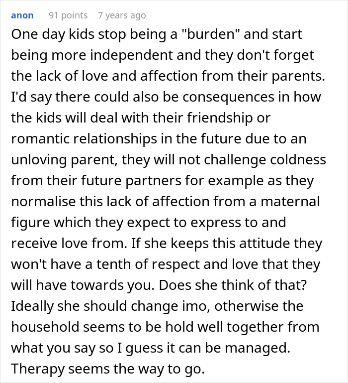 A Reddit comment discussing the long-term effects on children when a parent was pressured into having them.