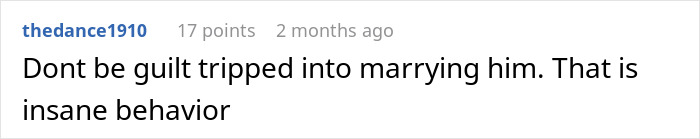 A comment advises a woman not to be guilt-tripped into marrying her fiancé, labeling his football-related behavior as insane. A comment advises a woman not to be guilt-tripped into marrying her fiancé, labeling his football-related behavior as insane.