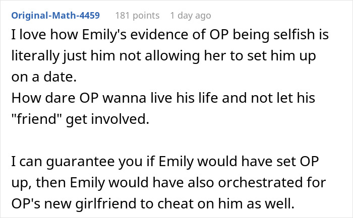 Reddit comment about Emily's selfish evidence regarding the guy not exposing his acquaintance's cheating GF.