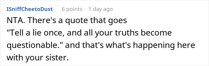 A screenshot of a Reddit comment discussing a single mom who lies to her sister to get free babysitting for her kids. A screenshot of a Reddit comment discussing a single mom who lies to her sister to get free babysitting for her kids.