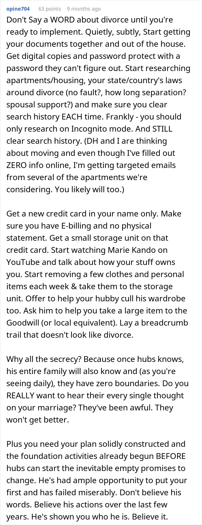 A detailed Reddit comment advising a wife feeling like the third wheel in her marriage on how to prepare for divorce. A detailed Reddit comment advising a wife feeling like the third wheel in her marriage on how to prepare for divorce.