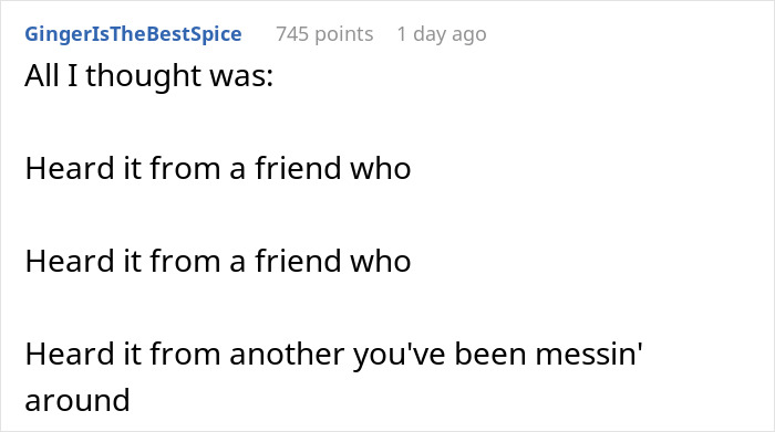 A Reddit comment referencing a song about hearing news from a friend, relating to the cheating girlfriend situation.