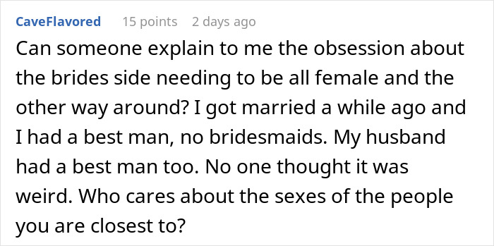 A Reddit comment discussing the tradition of bridesmaids and best men, suggesting gender neutrality in wedding parties. A Reddit comment discussing the tradition of bridesmaids and best men, suggesting gender neutrality in wedding parties.