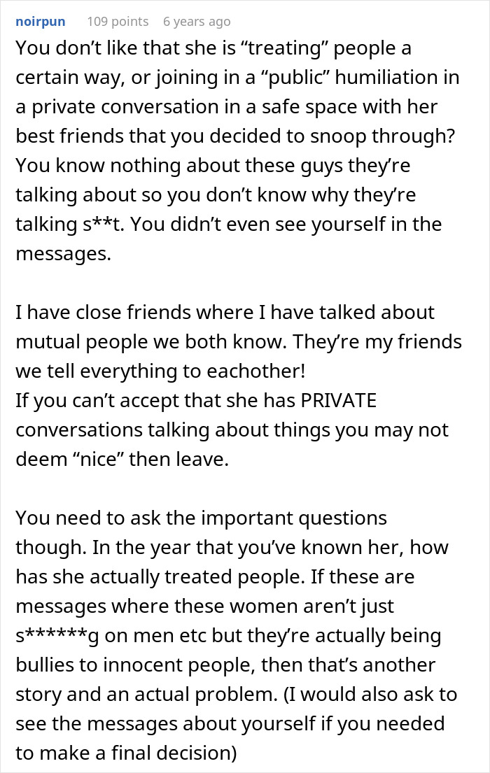 A comment from noirpun about privacy and snooping after the guy peeked at her phone when he met the one.