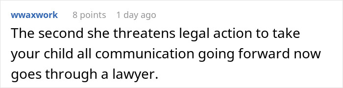 A comment suggesting involving a lawyer when a delusional mom threatens to sue over a dog. A comment suggesting involving a lawyer when a delusional mom threatens to sue over a dog.
