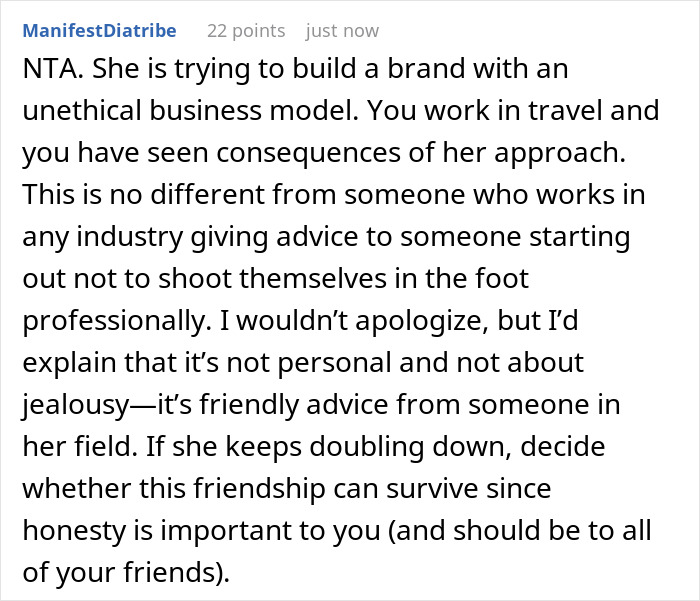 A comment about a travel influencer using an unethical business model, highlighting the consequences of lying. A comment about a travel influencer using an unethical business model, highlighting the consequences of lying.
